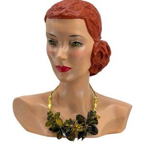 Artisan Statement Floral Green & Gold Resin Bead Necklace with Metal Chain